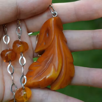 Antique amber pendant with 925 silver necklace hand carved Swedish design 40g