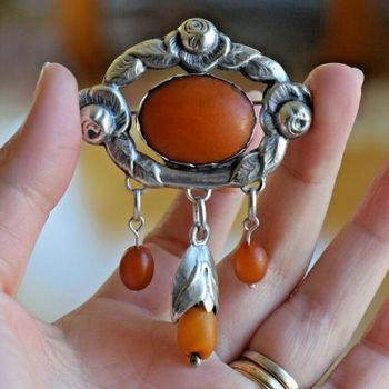 Natural Amber Antique Brooch Silver From 1920s Baltic Amber Art Nouveau 14.6g #2533