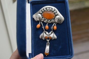 Natural Amber Antique Brooch Silver From Denmark1893-1937 Art Nouveau big 32g #2536
