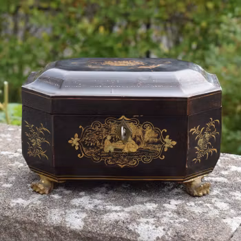 Antique Chinese Gilt Lacquered Tea Caddy w/ Pewter Containers