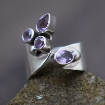 Scandinavian handmade design ring 925 silver 4 faceted amethyst leaf adjustable