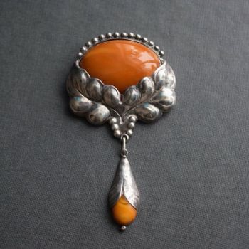 Natural Amber Antique Brooch Silver From Denmark1930s Art Nouveau big 23g #2535