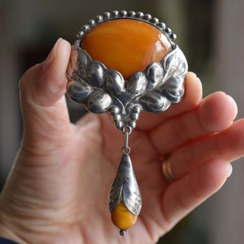 Natural Amber Antique Brooch Silver From Denmark1930s Art Nouveau big 23g #2535