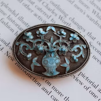 Antique Qing Dynasty Republic Chinese filigree enamel handmade silver brooch