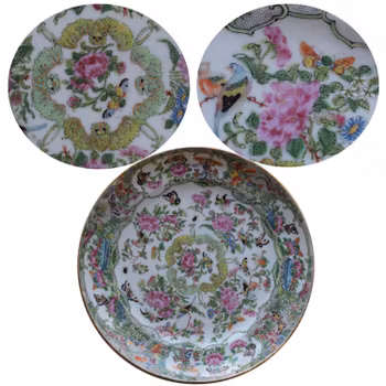 Antique rare Chinese Canton Rose Butterfly dish with bats famille rose #379