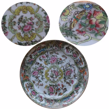 Antique rare Chinese Canton Rose Butterfly dish with bats famille rose #380
