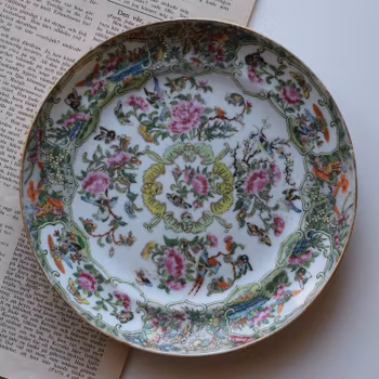 Antique rare Chinese Canton Rose Butterfly dish with bats famille rose #380
