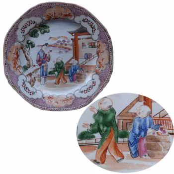 18th Century Chinese Export Rose Mandarin plate Qianlong Octagonal