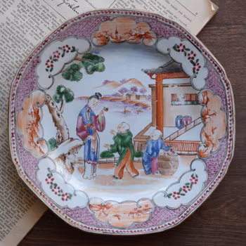 18th Century Chinese Export Rose Mandarin plate Qianlong Octagonal