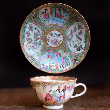 Antique Chinese teacup and saucer rose medallion, mandarin famille rose