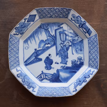 An Antique Chinese Blue & White octagonal plate with figure story Kangxi period