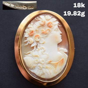 Antique 18K solid gold hand carved shell Cameo brooch 20g big #2370