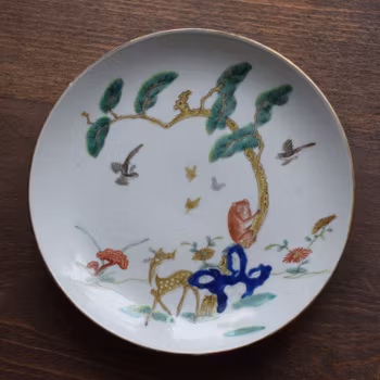 Antique Chinese famille rose plate with monkey and deer, Xianfeng Mark & Period