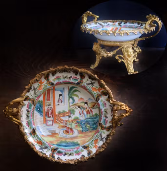 Antique canton rose mandarin bronze mounted deep plate, early 19th century