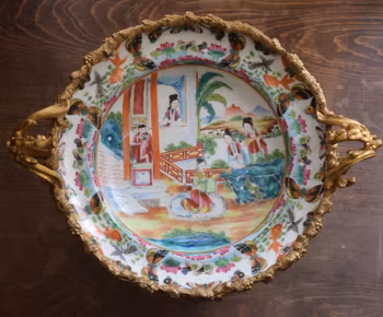 Antique canton rose mandarin bronze mounted deep plate, early 19th century