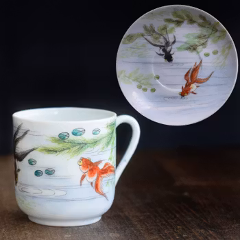 Vintage teacup with saucer Dao Feng Shan / Tao Fong Shan Hong Kong goldfish