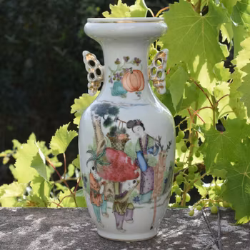 Antique Chinese famille rose vase with peach and deer decoration Republic Period