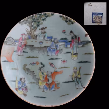 Antique Chinese famille rose celadon plate , Eight Immortals Daoguang period