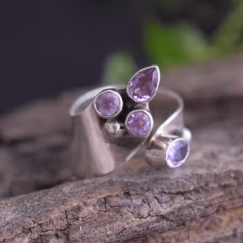 Scandinavian handmade design ring 925 silver 4 faceted amethyst leaf adjustable