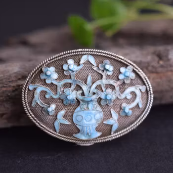 Antique Qing Dynasty Republic Chinese filigree enamel handmade silver brooch