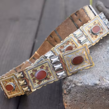 Antique handmade central asian / middle eastern silver belt with agate inlays