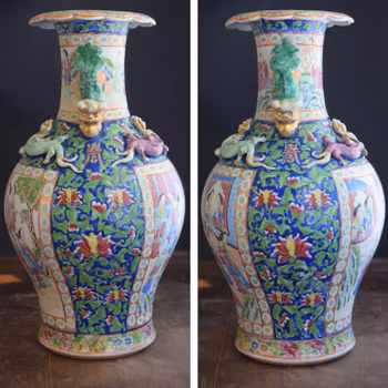 A rare Antique Rose Mandarin vase with Chi-Longs and foo lions, Daoguang period