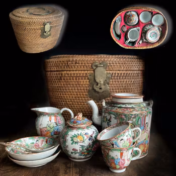 Antique Chinese Canton Rose Medallion tea set with basket 9 pieces! Late Qing