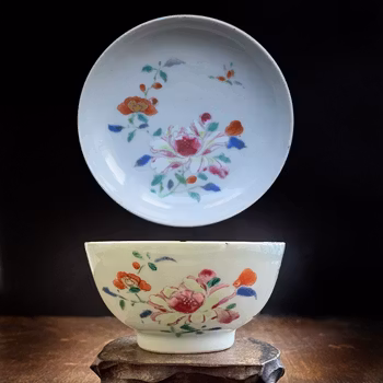 Antique Chinese Porcelain teacup & saucer early 18th C Famille Rose #693