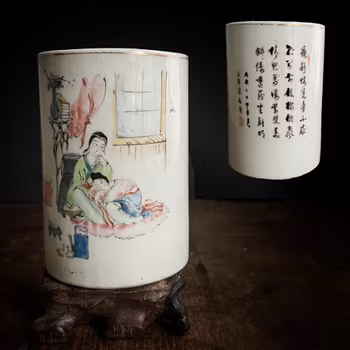 Antique Chinese famille rose brush pot scholars object Republic period #725