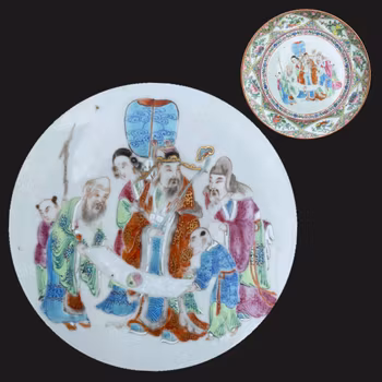 Antique Chinese famille rose mandarin Canton plate with Fu Lu Shou 福禄寿 #771