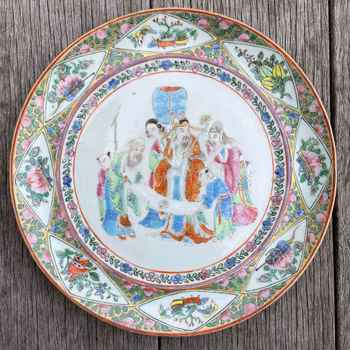 Antique Chinese famille rose mandarin Canton plate with Fu Lu Shou 福禄寿 #771