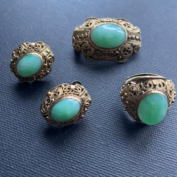 A set of Antique chinese filigree handmade gilded silver with Jade 50's brooch+ring +earings