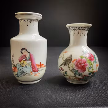 A Vintage set of 2 Chinese famille rose miniature vases, 1960s-70's #383, #853