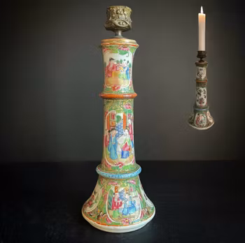 One antique Chinese Canton Rose Mandarin candlestick mid 19th century #859