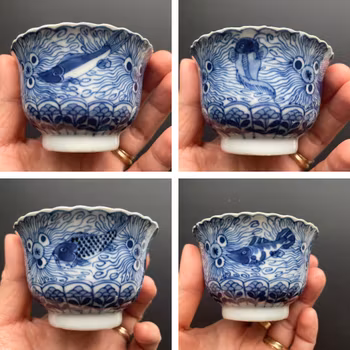 Antique Chinese Teacup & Saucer in underglazed blue & white, Late Qing #886, 887