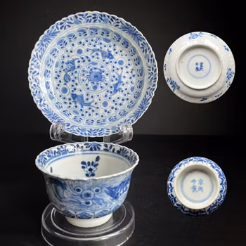 Antique Chinese Teacup & Saucer in underglazed blue & white, Late Qing #888, 889