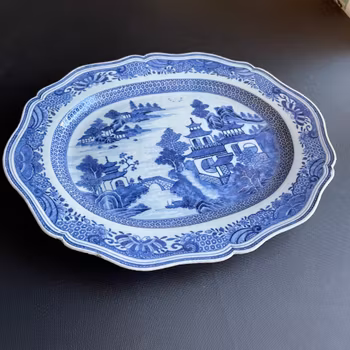 Antique Chinese Export Blue and White Porcelain platter, rococo Qianlong #912
