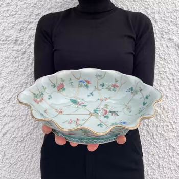 Antique Chinese Celadon bowl on foot altar bowl 19th century Qing Dynasty #916