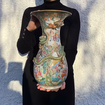 A rare antique rose mandarin vase mid 19th c with dragon #919