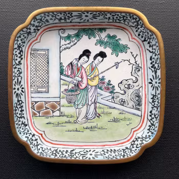 Two Vintage Chinese Canton Hand Painted Enamel dish Enamel Sweet meat dish