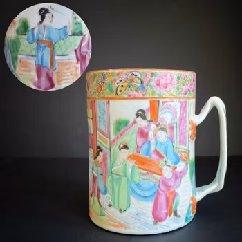 Antique Chinese Rose Mandarin Export Porcelain Tankard / Jug 19th Century #992