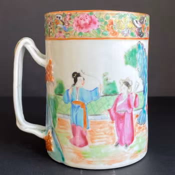 Antique Chinese Rose Mandarin Export Porcelain Tankard / Jug 19th Century #992