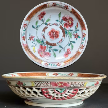 Antique Chinese Yongzheng reticulated saucer famille rose double layered #1019