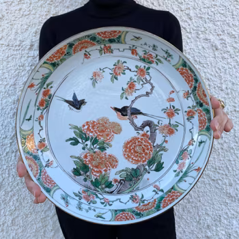 Large Kangxi Period famille verte wucai deep mouth dish Qing Dynasty #1022
