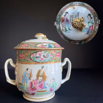 Antique Chinese rose mandarin sugar bowl with lid, Daoguang period #1060