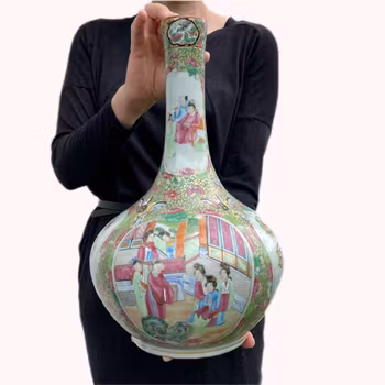Antique Chinese rose mandarin large bottle vase mid 19th c #1135