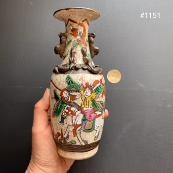 Two Chinese Nanking crackleware vases w warriors Late Qing/Republic #866, #1151