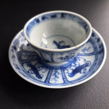 Antique Chinese Porcelain blue and white teacup & saucer 18th c #1166