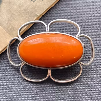 Antique Silver Brooch With Baltic Amber, Egg Yolk, Butterscotch 1940-1950