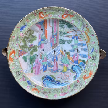 Antique Chinese rose mandarin hot water plate / warming dish, Daoguang #1260